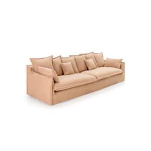 Luxurious beige sofa with six square back cushions and four smaller cushions, upholstered in premium fabric, dimensions 310x100x77cm