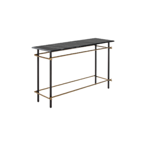 Black and gold console table with natural black marble surface, dimensions 122x39x75cm