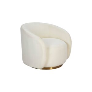 White armchair with smooth curves, golden steel trim base, and synthetic boucle wool upholstery. Measurements: 90x85x75 cm.