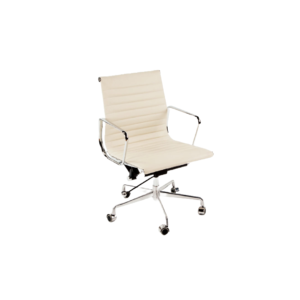 AMES Off-White Italian Leather Office Chair - Premium Italian leather chair with solid yet lightweight aluminum frame, tilt function with lock, 360-degree swivel, and manual lift mechanism.