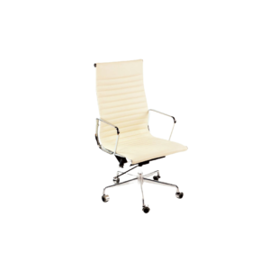AMES High Back Off-White Italian Leather Office Chair - Premium Italian leather chair with solid yet lightweight aluminum frame, tilt function with lock, 360-degree swivel, and manual lift mechanism.