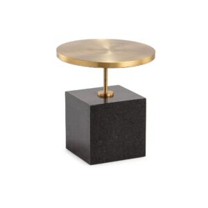 RINA Granite and Golden Side Table - Luxury side table with a large black granite cube base, golden metal frame, and circular table top supported by a centre bar.