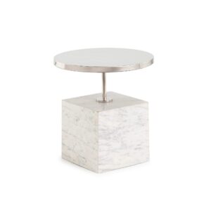 RINA White Marble and Nickel Side Table - Luxury side table with a large white marble cube base, nickel metal frame, and circular table top supported by a centre bar.