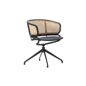 ORLA Rattan and Leather Office Chair - Contemporary office chair with natural rattan mesh backrest, leather seating, sleek black metal frame, full 360-degree swivel, and sturdy 4-arm claw base.