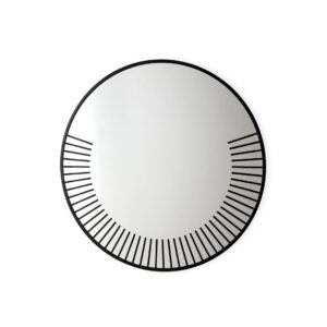 MIRA Large Circular Mirror - Unique burst-style design with short lines radiating towards the edge, clear glass, black metal frame. Measurements: 120x3x120 cm.