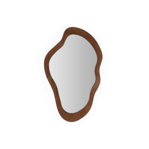 MILA Dark Brown Mirror - Contemporary mirror with liquid-like shape and dark brown wooden frame showcasing natural wood grain. Dimensions: 58x2x95 cm.