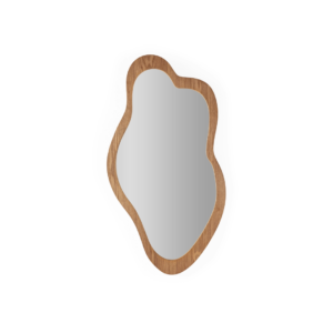 MILA Natural Wood Mirror - Contemporary mirror with liquid-like shape and thick natural wood frame showcasing beautiful wood grain. Dimensions: 58x2x95 cm.