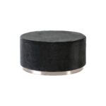 LENA Black Velvet Pouf - Circular ottoman in plush black velvet with silver metal trim. Dimensions: 90x90x45 cm.