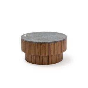 NERA Large Teak Coffee Table - Teak wood frame, acid-finished marble stone top. Dimensions: 90x90x45 cm.