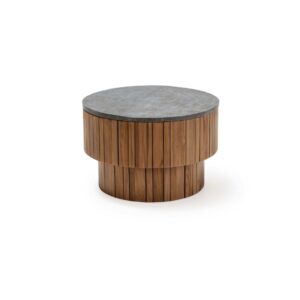 Smaller NERA Coffee Table - Teak wood frame, acid-finished marble stone top. Dimensions: 70x70x45 cm.