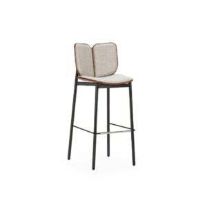 Modern oak plywood barstool with grey fabric upholstery and black metal frame, dimensions 50.7x43.4x104.6 cm.