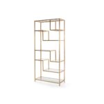 LORA Golden Metal Bookcase with luxurious golden finish, glass panel shelving, and a stylish geometrical design with offset shelves.