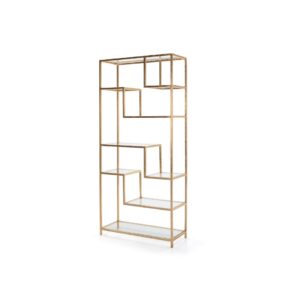 LORA Golden Metal Bookcase with luxurious golden finish, glass panel shelving, and a stylish geometrical design with offset shelves.