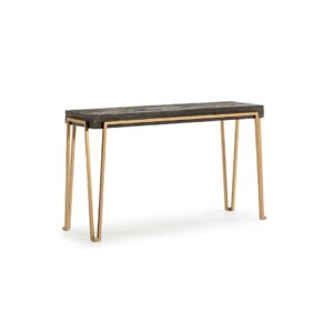PETRA Dark Wood and Metal Console Table with a chunky dark wood top and a gold metal base featuring a double bar leg design angled towards the corners.