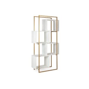 MONA White Wood and Metal Shelving Unit with a gold metal frame and four offset square white wooden boxes in a contemporary, luxurious design.