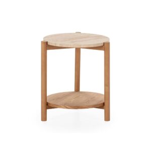 RISA Birch Wood and Travertine Side Table - Natural birch wood base with three-leg design, lower wooden shelf, and travertine marble top. Dimensions: 43.5x43.5x51.5 cm.