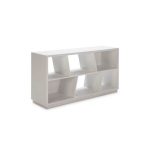 HUGO White Wood Bookcase with six compartments, two featuring a white backdrop and slanted inner separating panels, in a contemporary, low-level design.