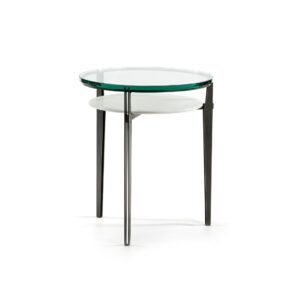 PALM White Marble and Glass Side Table with a black metal frame, featuring a top circular glass shelf and lower natural white marble shelf. Measures 54x54x63 cm.
