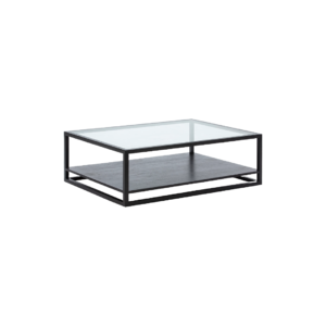 LANDO Cedar Wood and Glass Coffee Table with a clear toughened glass top, Cedar wood bottom shelf, and black-painted steel frame. Measures 120x90x40 cm.