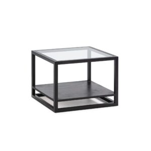 LANDO Cedar Wood and Glass Side Table with a clear toughened glass top and a Cedar wood bottom shelf, supported by a steel frame. Measures 60x60x45 cm.