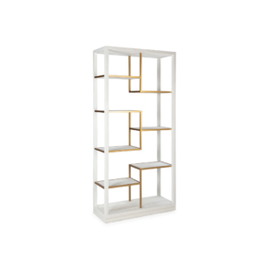BELLE White Wood Shelving Unit with golden metal framing and offset box shelves, measuring 100x40x210 cm. Perfect for modern and artistic interiors.