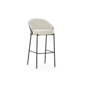 ALEX Grey Oak Barstool with a curved oak plywood backrest, light grey upholstered seat, and heavy steel frame. Measures 53.1x50.5x98.1 cm. Perfect for modern interiors.