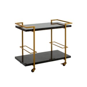 AMELIE Granite and Steel Trolley with a gold-finished steel frame, natural black granite shelves, castor wheels, and bottle organizers. Measures 91x51x81 cm. Ideal for serving drinks and cocktails.