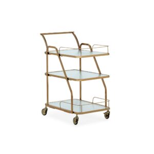 ANAIS Gold and Glass Trolley with gold finish and glass shelves. Measures 63x45x90 cm. Ideal for serving drinks or dinner to guests, adding elegance to any setting.