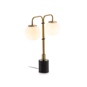 ELISE Crystal and Black Marble Table Lamp with sleek black marble base, two golden necks, and hanging white crystal ball shades. Measures 45x15x55 cm. Includes E14 LED bulbs.