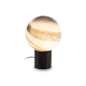 CHLOE Marble and Crystal Table Lamp with natural black marble base, white veining, and white and brown crystal sphere. Measures 25x25x37 cm. Includes E27 LED bulb and Bola Cristal screen.