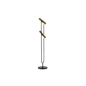 ÉLODIE Gold and Black Floor Lamp with black tuning fork-style frame and two gold canister-style LED lamps on a black circular base. Measures 22x22x120 cm. Bulbs not included.