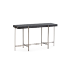 MARTINA Black Oak and Nickel Console Table with six intricately designed legs and a thick solid oak tabletop finished in black. Measures 135x44x75 cm.