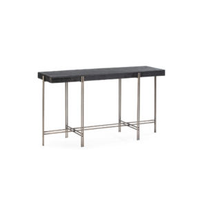 MARTINA Black Oak and Nickel Console Table with six intricately designed legs and a thick solid oak tabletop finished in black. Measures 135x44x75 cm.