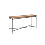 GIULIA Pine Wood and Leather Console with a black steel frame, cross bars, pine wood tray-style top, and reptile-embossed faux leather inlay. Measures 150x40x85 cm.