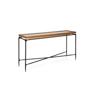 GIULIA Pine Wood and Leather Console with a black steel frame, cross bars, pine wood tray-style top, and reptile-embossed faux leather inlay. Measures 150x40x85 cm.