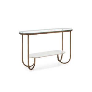 CÉLINE Antique Gold Marble and Glass Console Table with an art deco design, featuring an antique gold steel frame, a marble lower shelf, and a toughened glass top. Measures 122x39x76 cm.