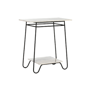 BLANCA White Marble and Iron Side Table with a black iron frame, two white marble surfaces with natural black and grey veining. Measures 71x41x78 cm.