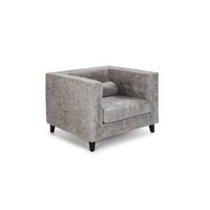 CARMEN Light Grey Armchair with a bucket-style design, luxurious grey upholstery, and a circular cushion. Measures 102x95x70 cm.