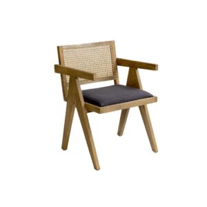 ARTHUR Natural Oak Dining Chair with Grid Backrest and Dark Linen Upholstery.