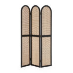 ZANE Black Rattan Room Divider with three arched panels and natural rattan inserts