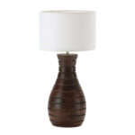 ICARUS Mango Wood Table Lamp, crafted from solid mango wood with a beautiful walnut finish and a unique channel design that sweeps to the top, adding elegance to any interior.