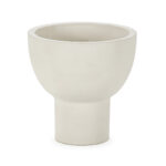 Small white cement planter with a modern elevated bowl shape on a compact cylindrical base