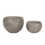 Pair of bowl-style contemporary planters in dark anthracite grey. stylish garden accessories at Louis & Henry