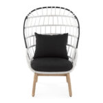 JUAN Rope and Wood Chair with woven white rope, black metal frame, black cushions, and natural wood base, measuring 113x85x82 cm.