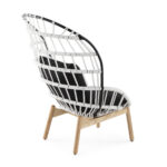 JUAN Rope and Wood Chair with woven white rope, black metal frame, black cushions, and natural wood base, measuring 113x85x82 cm.