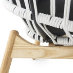 JUAN Rope and Wood Chair with woven white rope, black metal frame, black cushions, and natural wood base, measuring 113x85x82 cm.