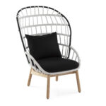 JUAN Rope and Wood Chair with woven white rope, black metal frame, black cushions, and natural wood base, measuring 113x85x82 cm.