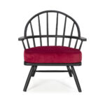 CYRUS Red and Black Armchair featuring a black wooden Windsor-style frame with a vibrant red velvet seat cushion. red velvet furniture available at Louis & Henry