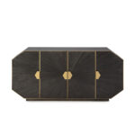 JUUSO Dark Brown Wood Sideboard with a unique geometrical design creating a sunburst effect, gold trimmings, and four doors for ample storage.