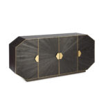 JUUSO Dark Brown Wood Sideboard with a unique geometrical design creating a sunburst effect, gold trimmings, and four doors for ample storage.